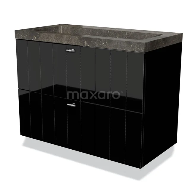 Zwart glanzend badkamermeubel met een grijs marmeren wastafelblad, twee lades en moderne metalen handgrepen.