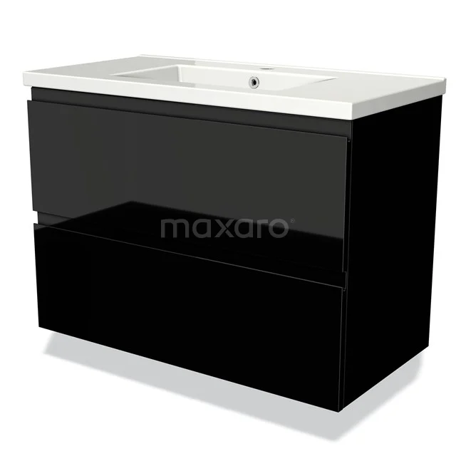 Black floating bathroom unit with glossy finish, built-in sink and two drawers for storage space.