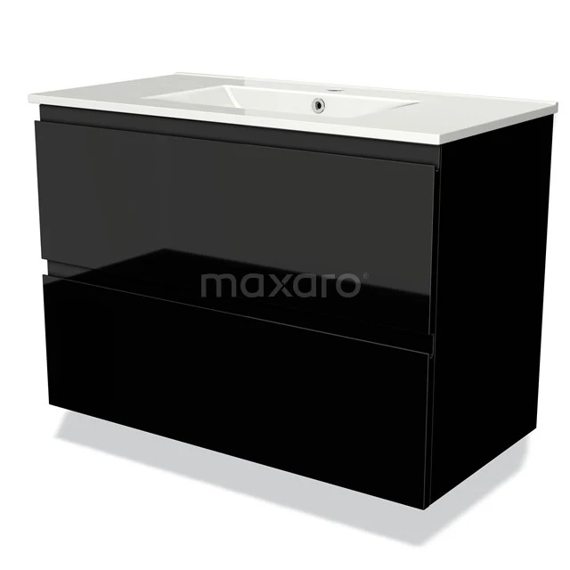Zwarte badkamermeubelset met hoogglans afwerking, twee lades en een witte keramische wastafel. Compact en stijlvol ontwerp.