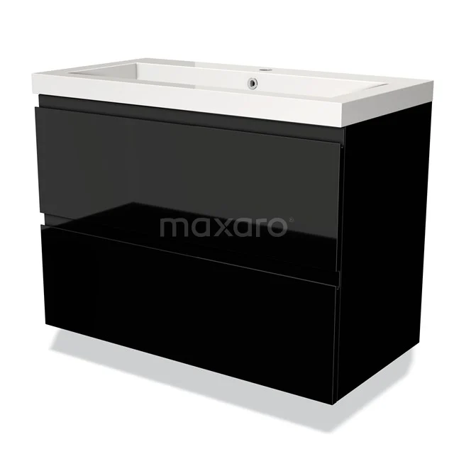 Zwarte badkamerkast met glanzende lades, witte wastafel van keramiek; modern en compact design voor stijlvolle badkamers.