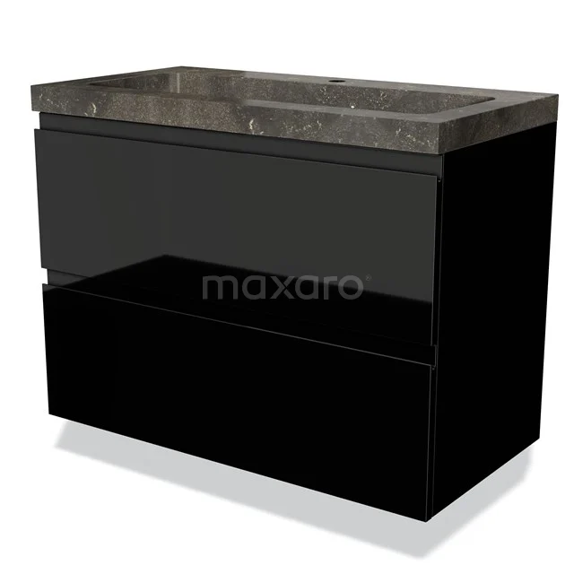 Black bathroom unit with frosted glass drawers and dark marble worktop, ideal for a modern bathroom design.