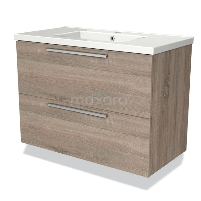 Modulo Vanity units with basin | 90 cm Oak Flat front Ceramic 2 Stacked drawers BMW17-02162 Wooden bathroom unit with two drawers, light Oak look, white basin worktop and modern handles.