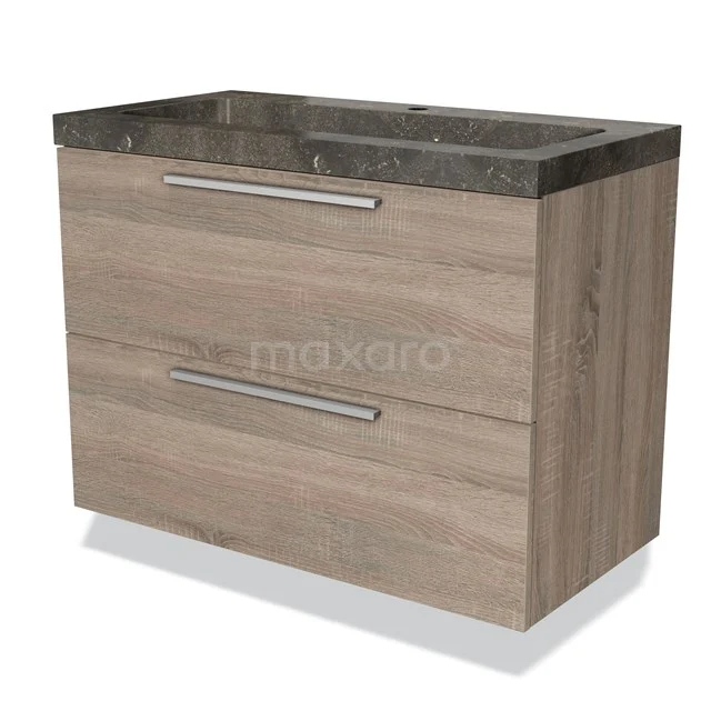 Houten badkamermeubel met ladekasten en een donker marmeren wasblad, ideaal voor een stijlvolle en functionele badkamer.