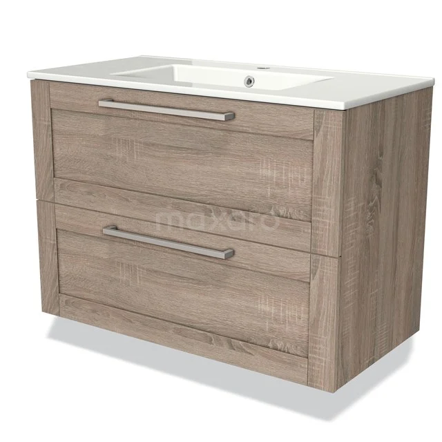 Houten badkamermeubel met dubbel ladefront, natuur eikenlook en witte wastafel, ideaal voor moderne badkamerinrichtingen.