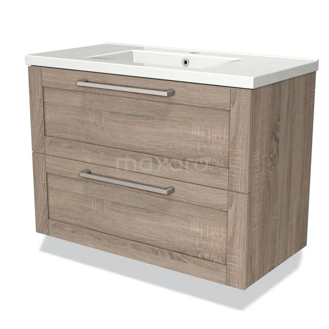 Modulo Vanity units with basin | 90 cm Oak Frame front Ceramic 2 Stacked drawers BMW17-02170 Wooden vanity unit with two drawers, modern oak finish and integrated white sink for a stylish bathroom.