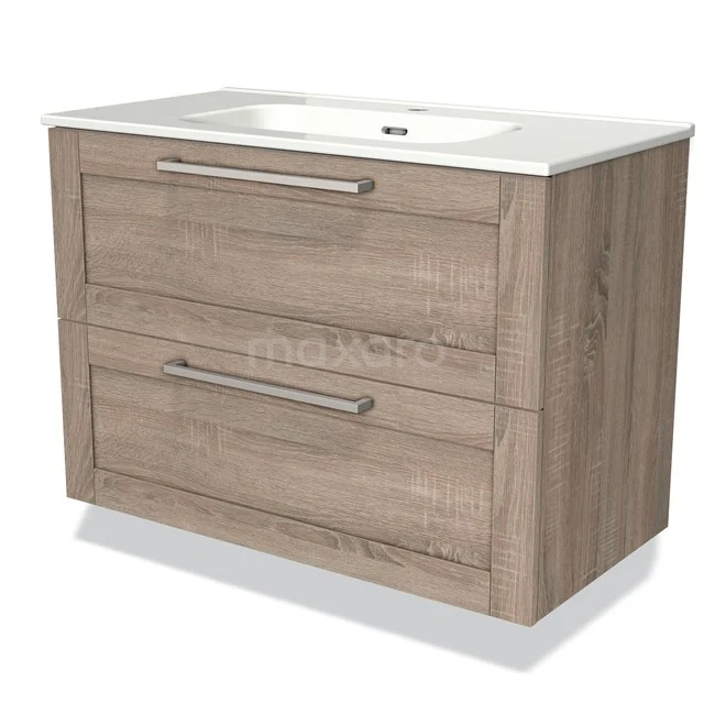 Houten badkamermeubel met twee ladekasten en keramische wastafel, modern design in eikenlook.