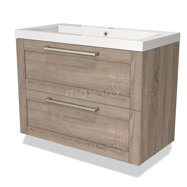 Houten badkamermeubel met twee lades, rechthoekige witte wastafel en metalen grepen; ideaal voor moderne badkamers.