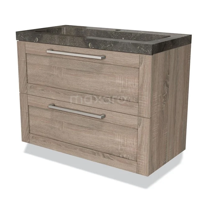 Modulo Bathroom furniture with sink | 90 cm Oak Bordered front Natural stone 2 Stacked drawers BMW17-02176 Wooden bathroom unit with grey natural stone basin worktop, two drawers, modern design, ideal for a stylish bathroom.