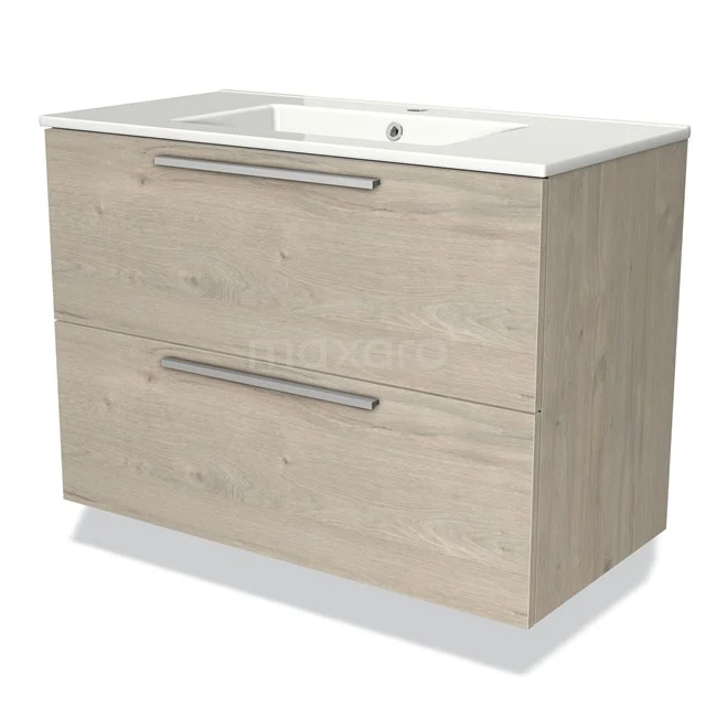 Houten badkamermeubel met twee lades, licht eiken kleur, inclusief witte wastafel; modern design voor een stijlvolle badkamer.