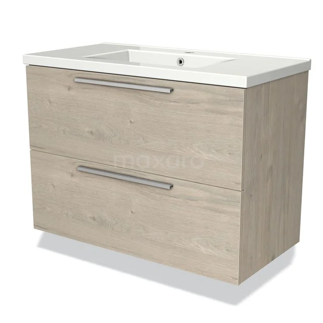 Wooden vanity unit with two drawers, oak look and modern handles, including white ceramic basin for a stylish bathroom.