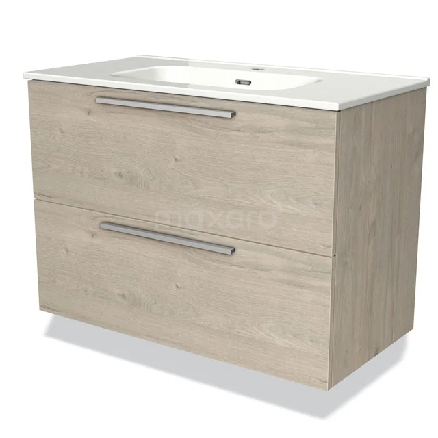 Houten badkamermeubel met wastafel, twee lades en moderne handgrepen, licht eiken kleur, ideaal voor stijlvolle badkamers.