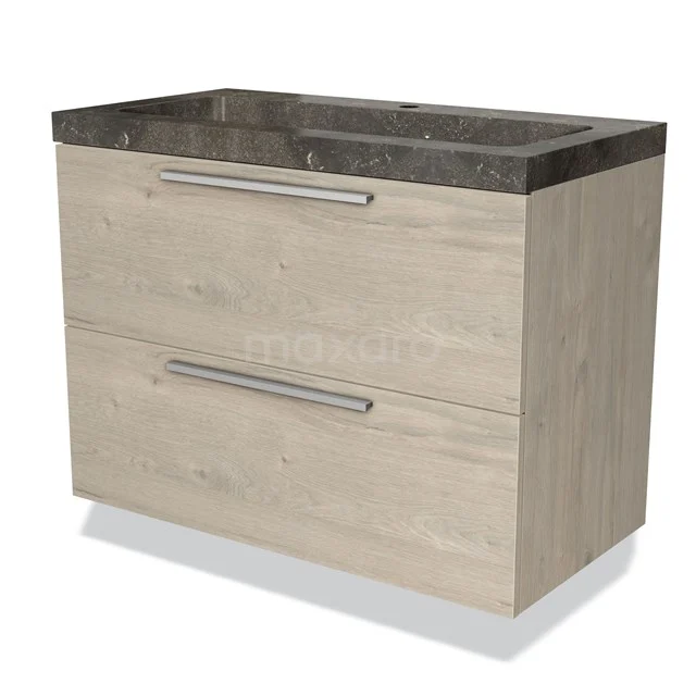 Houten badkamermeubel met twee lades, marmerlook wastafelblad, modern design, ideaal voor stijlvolle badkamerinrichting.