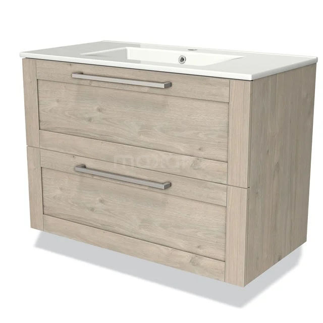 Wooden vanity unit with two drawers in light Oak, fitted with a white ceramic basin, perfect for any bathroom.