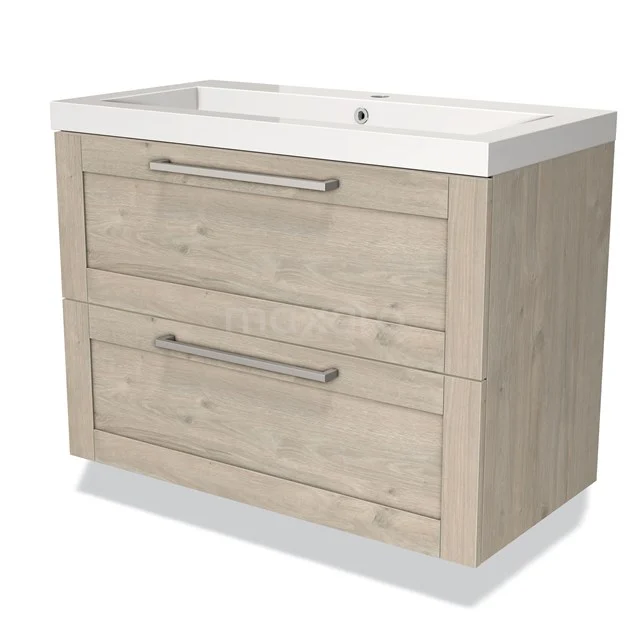 Houten badkamermeubel met twee lades, lichte eikenlook en wit keramische wastafel, ideaal voor stijlvolle badkameropslag.