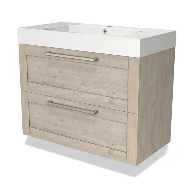 Wooden bathroom unit with two drawers, light oak look, white vanity units with basin and sleek design, ideal for modern bathrooms.