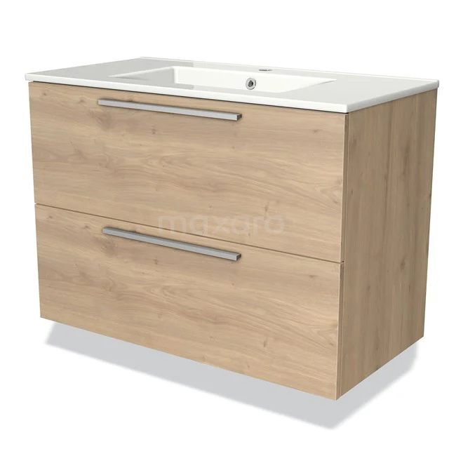 Oak bathroom unit with two drawers, stainless steel handles and built-in white vanity units with basin.