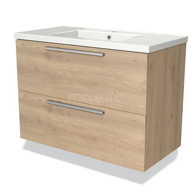 Modulo Bathroom furniture with sink | 90 cm Light brown oak Flat front Ceramic 2 Stacked drawers BMW17-02194 Wooden vanity units with basin, light oak finish, two drawers with metal handles for stylish bathroom design.