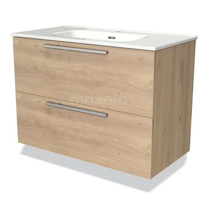 Modulo Vanity units with basin | 90 cm Light brown oak Flat front Ceramic 2 Stacked drawers BMW17-02196