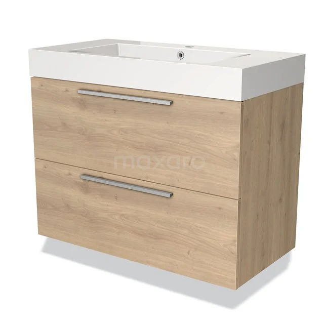 Wooden Bathroom unit with two drawers, white ceramic vanity units with basin and sleek handles, ideal for modern bathrooms.