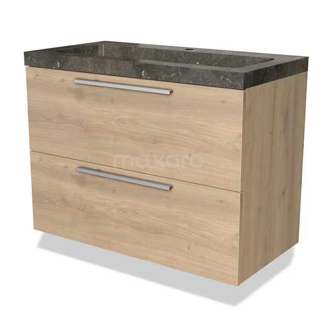 Houten badkamermeubel met twee lades, donker marmeren wastafelblad, modern design, perfect voor een stijlvolle badkamer.