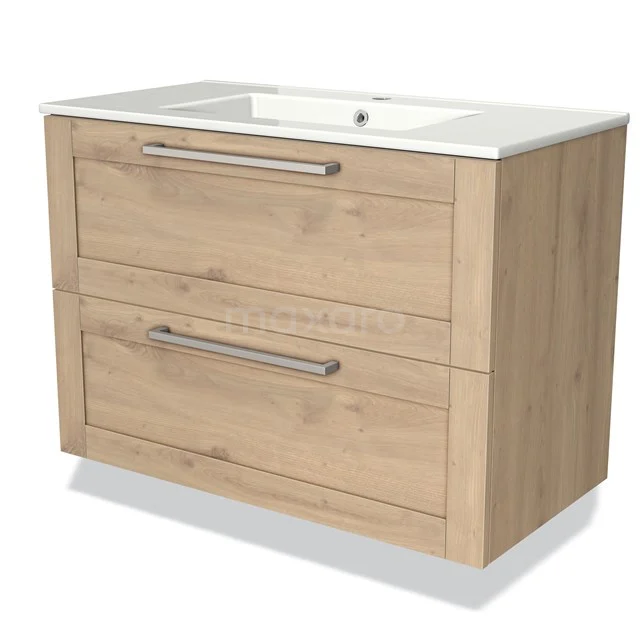 Houten badkamermeubel met twee lades, wastafel van keramiek, en mat metalen handgrepen. Perfect voor stijlvolle badkameropslag.