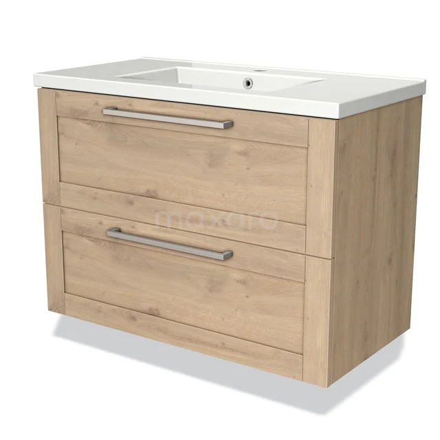 Eichen Badezimmermöbel mit zwei Schubladen, modernen Haltegriffen und einer weißen Waschtischplatte, ideal für ein stilvolles Badezimmer.