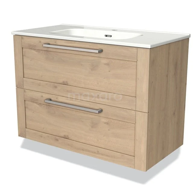 Wooden Bathroom unit with two drawers, light wood colour, ceramic basin and metal handles for a stylish bathroom.