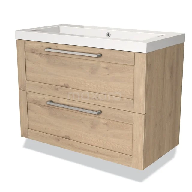 Wooden bathroom unit with white vanity units with basin, two drawers with metal handles, finished in light oak for a modern bathroom style.