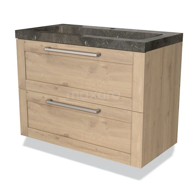 Wooden bathroom unit with two drawers and dark marble basin worktop, stylish storage solution for modern bathrooms.