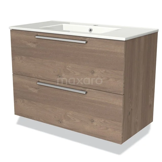 Houten badkamermeubel met twee lades, metalen handgrepen en een wit wastafelblad, ideaal voor een moderne badkamerstijl.