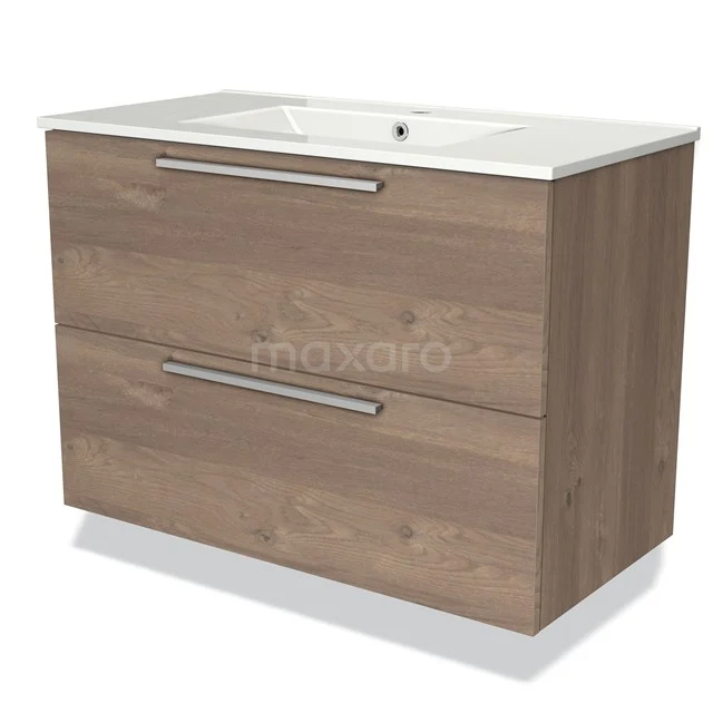 Houten badkamermeubel met twee lades, geïntegreerde witte wastafel en chromen handgrepen, modern ontwerp.