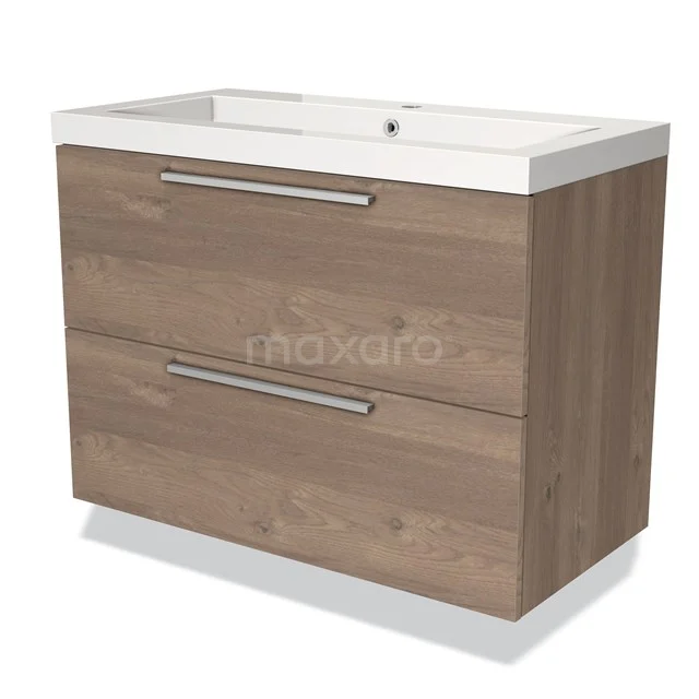 Wooden Bathroom unit with two drawers, walnut look, white vanity units with basin and metal handles, ideal for modern bathrooms.