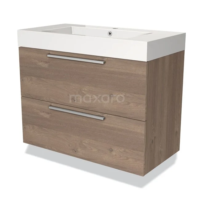 Modulo Bathroom furniture with sink | 90 cm Mid brown oak Flat front Mineral marble 2 Stacked drawers BMW17-02214 Wooden bathroom unit with two drawers, white basin worktop and metal handles, perfect for stylish bathroom storage.