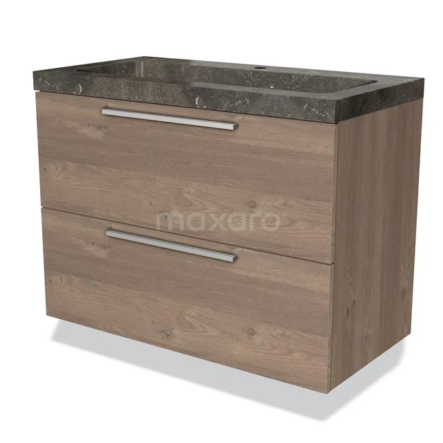 Houten badkamermeubel met twee lades en donker marmeren wastafelblad, ideaal voor stijlvolle badkameropslag.