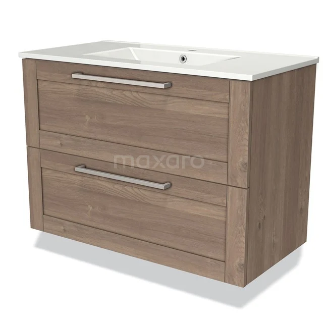 Houten badkamermeubel met dubbele lade, naturel houtkleur, keramische wastafel en moderne metalen handgrepen.