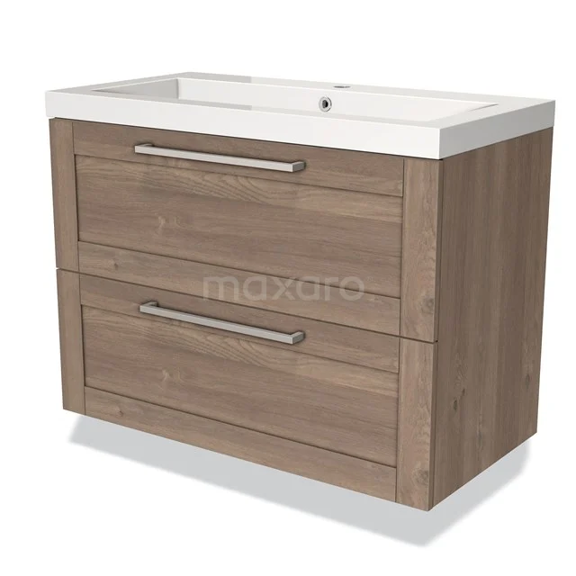 Houten badkamermeubel met twee diepe lades, witte keramische wastafel en metalen handgrepen, ideaal voor moderne badkamers.