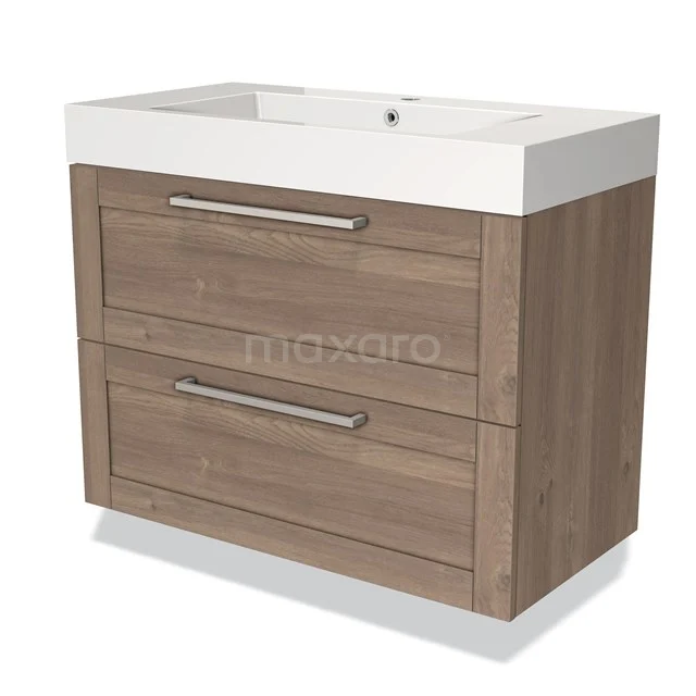 Modulo Bathroom furniture with sink | 90 cm Mid brown oak Frame front Mineral marble 2 Stacked drawers BMW17-02222 Wooden Bathroom unit with two drawers, Stainless steel handles and a white ceramic basin, ideal for modern bathrooms.