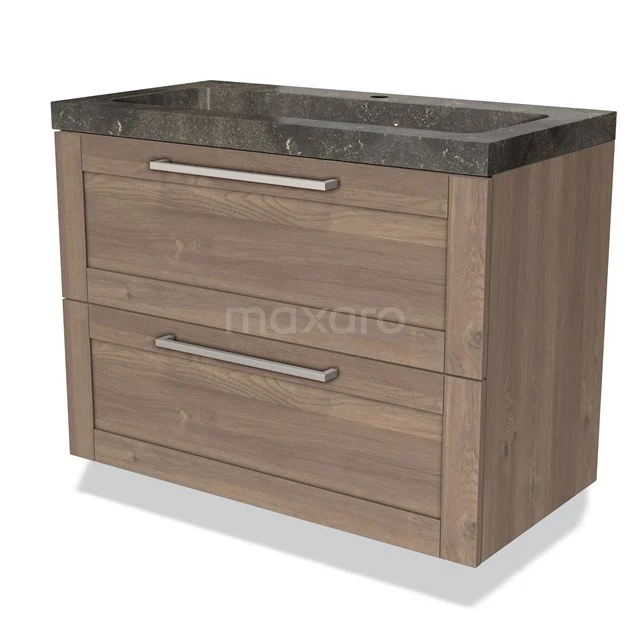 Houten badkamermeubel met twee lades, donkere natuursteen wastafelblad, ideaal voor een moderne badkamerstijl.