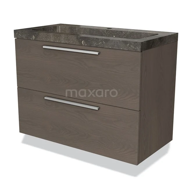 Modern Badmöbel mit Holzoptik, zwei Schubladen und einer dunklen Marmor-Waschtischplatte, perfekt für stilvolle Bäder.