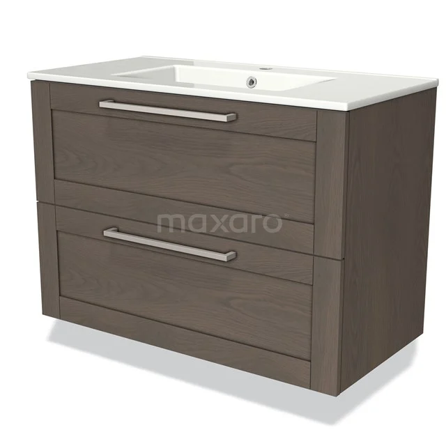 Modulo Bathroom furniture with sink | 90 cm Dark brown oak Frame front Ceramic 2 Stacked drawers BMW17-02233 Wooden bathroom unit with two drawers, modern design, dark brown, white basin, ideal for stylish bathroom storage.
