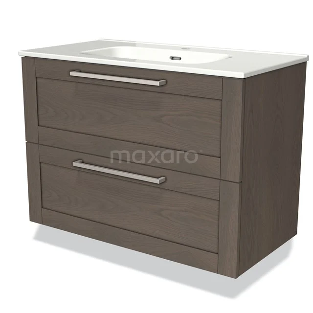 Wooden bathroom unit with two drawers, dark brown, including white sink and metal handles. Modern and stylish design.