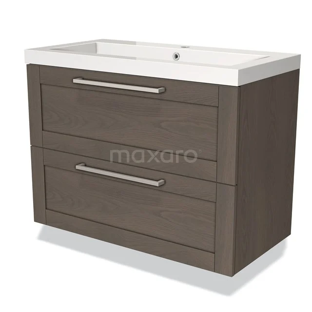 Wooden bathroom cabinet with two drawers, dark Oak look, built-in ceramic basin, sleek metal handles.