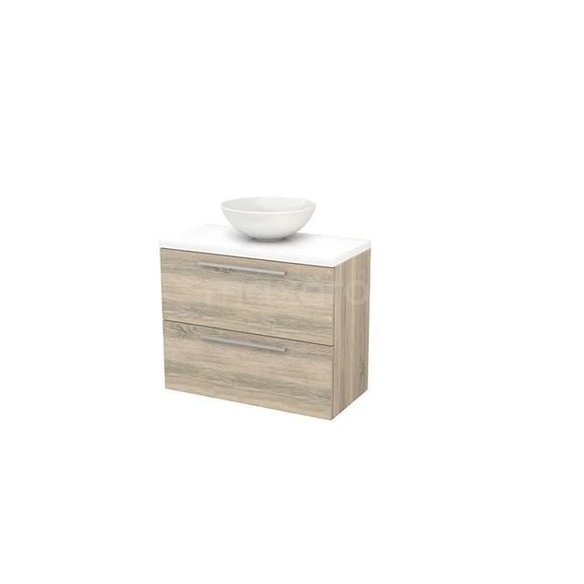 Wooden bathroom unit with two drawers, white ceramic countertop wash basin, modern design, ideal for stylish bathroom storage.