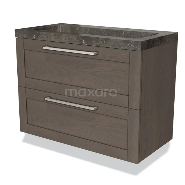 Wooden bathroom unit with two drawers, dark marble vanity units with basin and chrome handles, modern and stylish design.