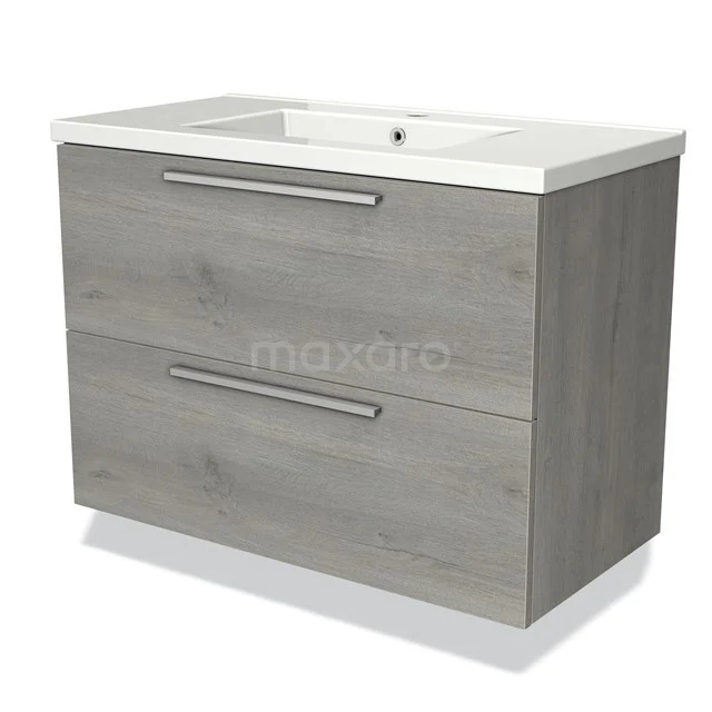 Graues Holz-Badmöbel mit zwei Schubladen und weißem keramischen Waschbecken, modernes Design für luxuriöses Badezimmer.