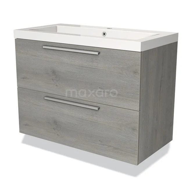 Grey bathroom furniture set with wood look, double drawers and white ceramic basin, ideal for modern bathroom design.