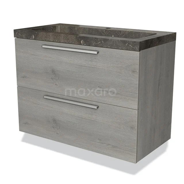 Grey bathroom furniture set with wood look, two drawers and dark natural stone sink, ideal for a modern bathroom style.
