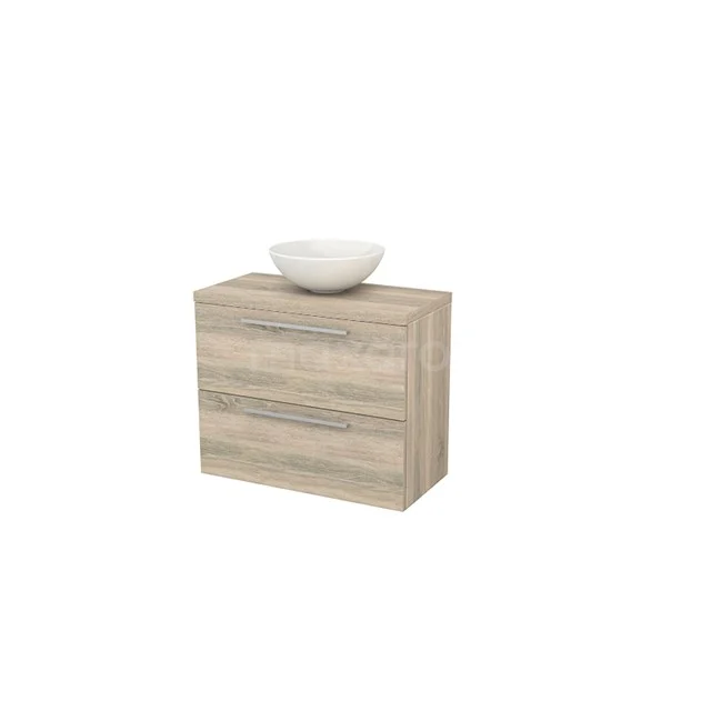 Wooden bathroom unit with two drawers and white countertop wash basin, natural Oak look for modern bathrooms.