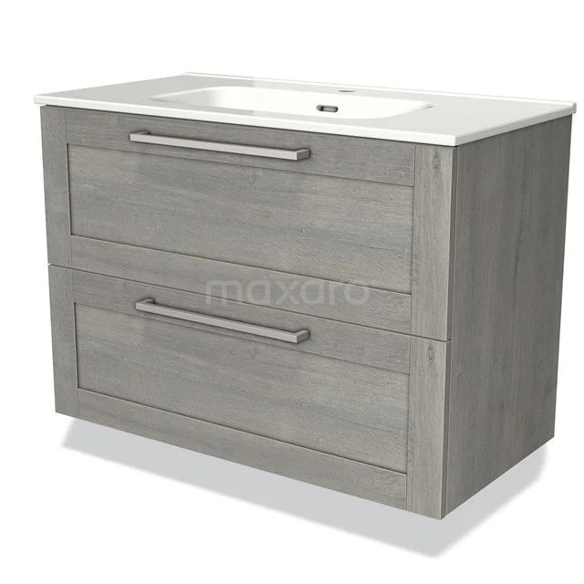 Grau Holz Badezimmermöbel mit zwei Schubladen, rechteckigem keramischen Waschbecken und chromatischen Haltegriffen.