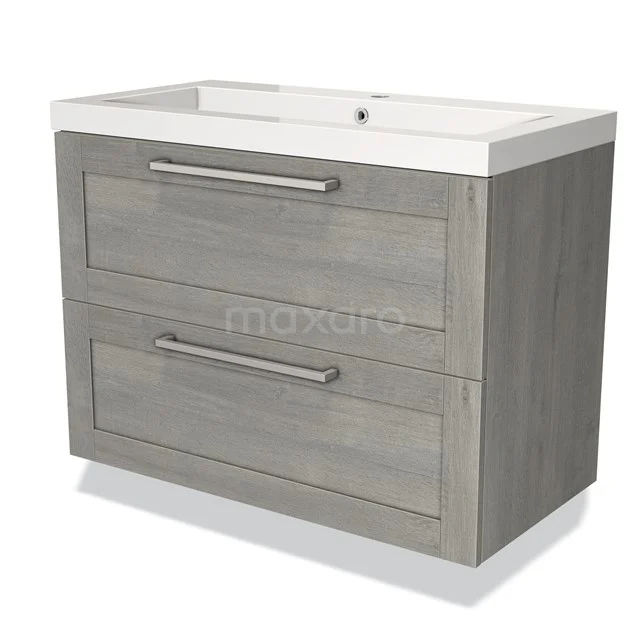 Grey wooden bathroom unit with two drawers, metal handles and white vanity units with basin, stylish and practical for bathroom storage.